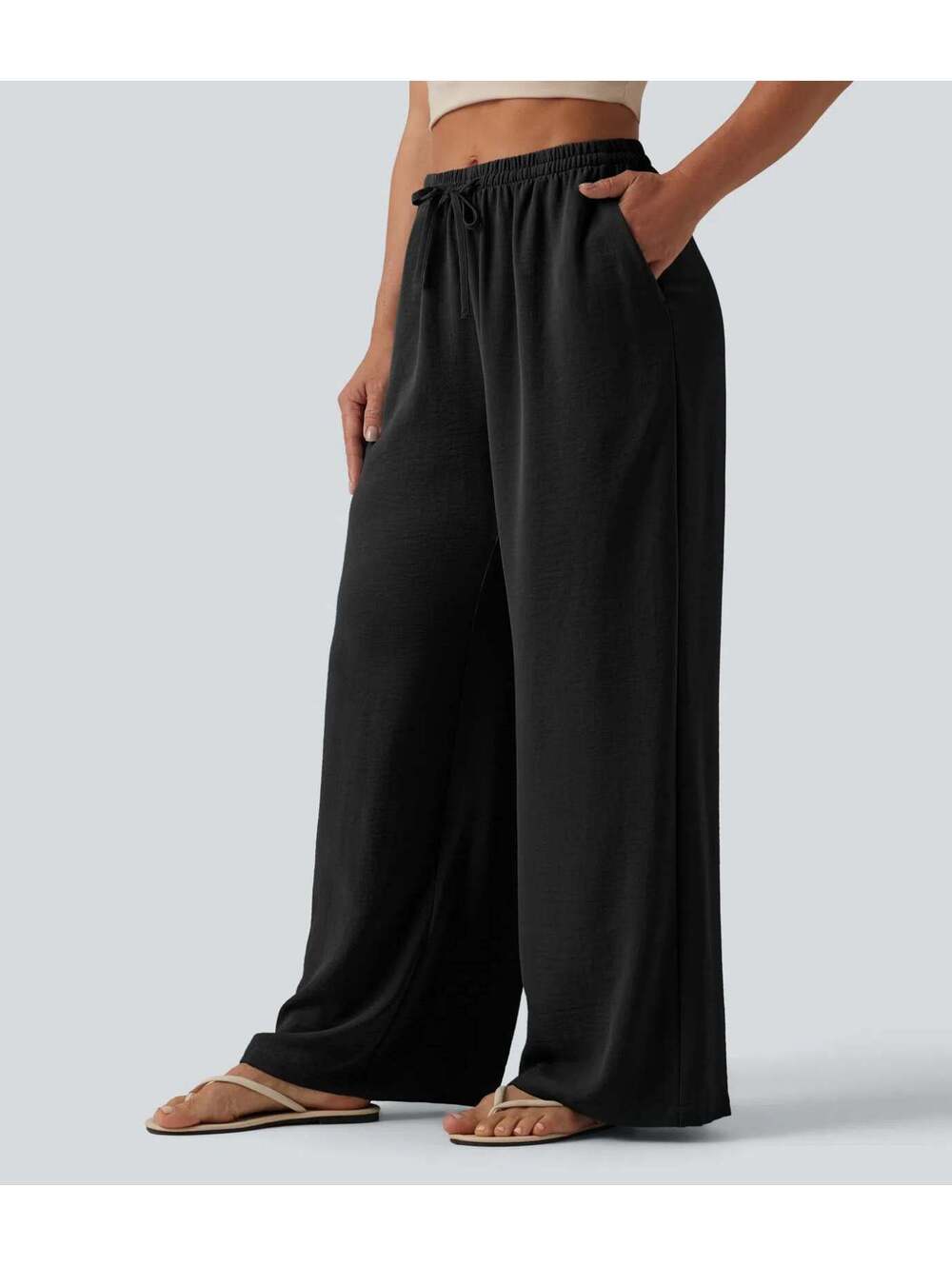 Halara Mid Rise Drawstring Wide Leg Baggy Casual Linen-Feel Pants Black Size M - Picture 6 of 8